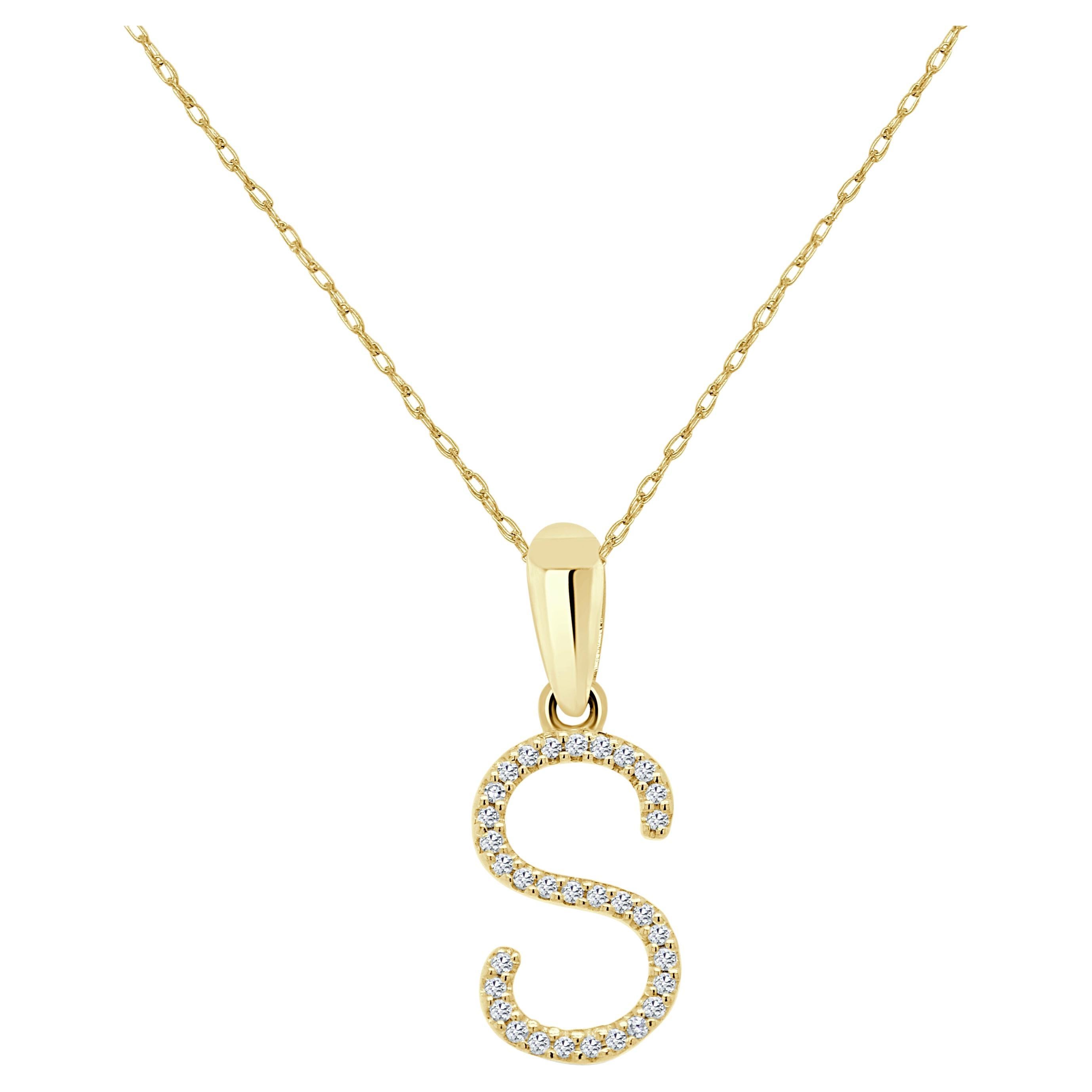 Pendentif pour elle en or jaune 14 carats avec diamants de 0,10 carat, taille initiale S en vente