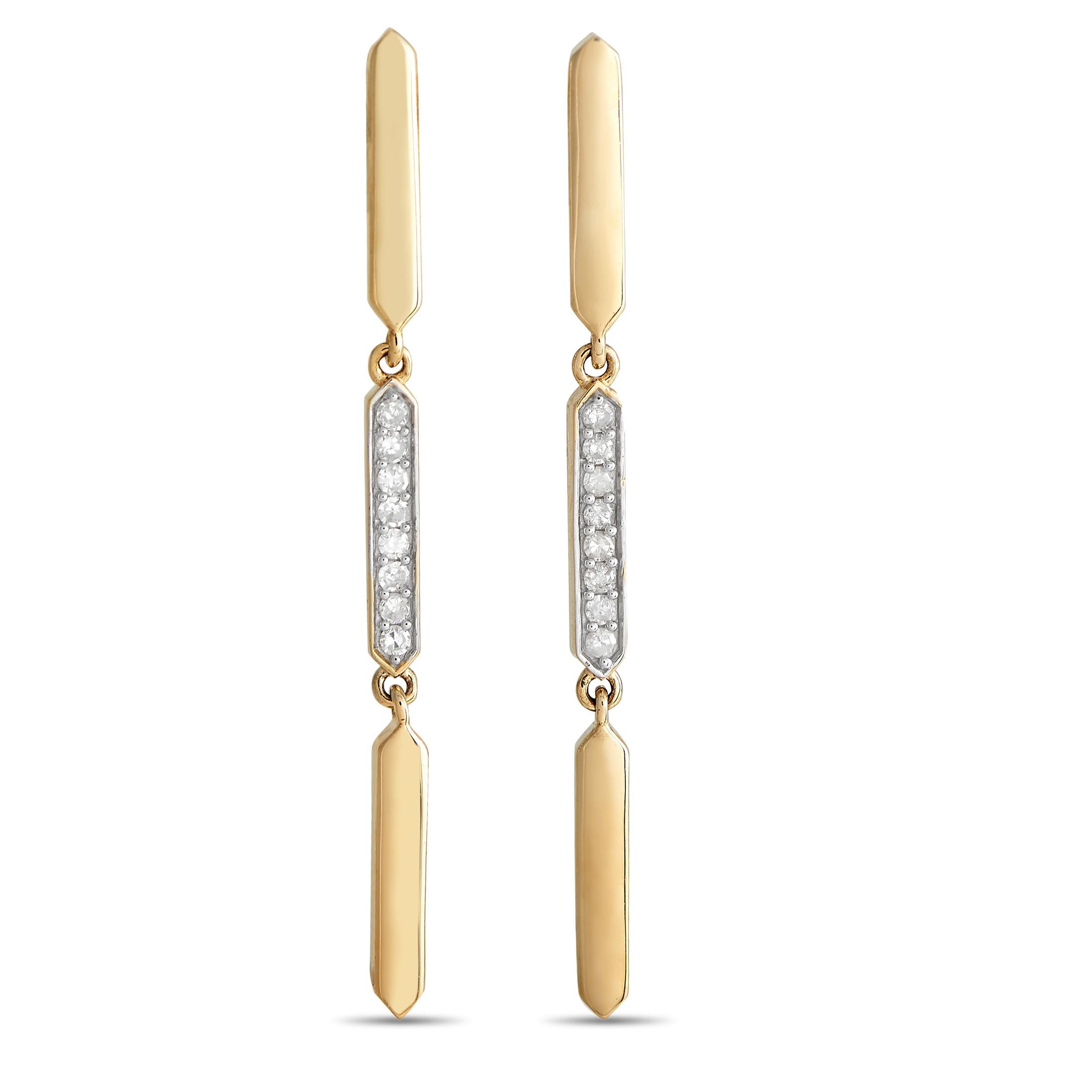 14K Yellow Gold 0.10ct Diamond Line Drop Earrings In New Condition For Sale In Southampton, PA
