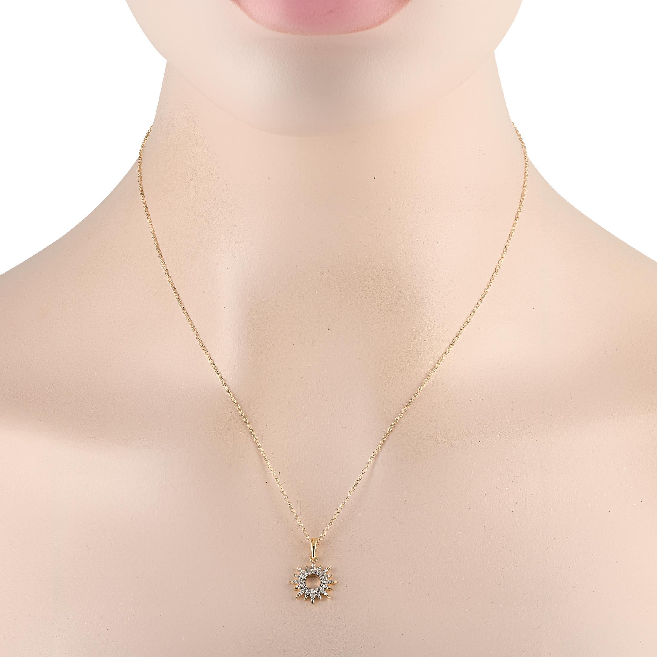 The radiant beauty of this diamond necklace can elevate a casual look and polish a dressy outfit. This necklace features a ring of glitter, with prong-set round diamonds arranged in a sunray pattern. Polished yellow gold triangle points punctuate
