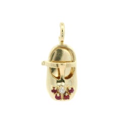 14k Yellow Gold 0.10ctw Ruby Diamond Baby Shoe Lucky Charm Pendant w/ Bail