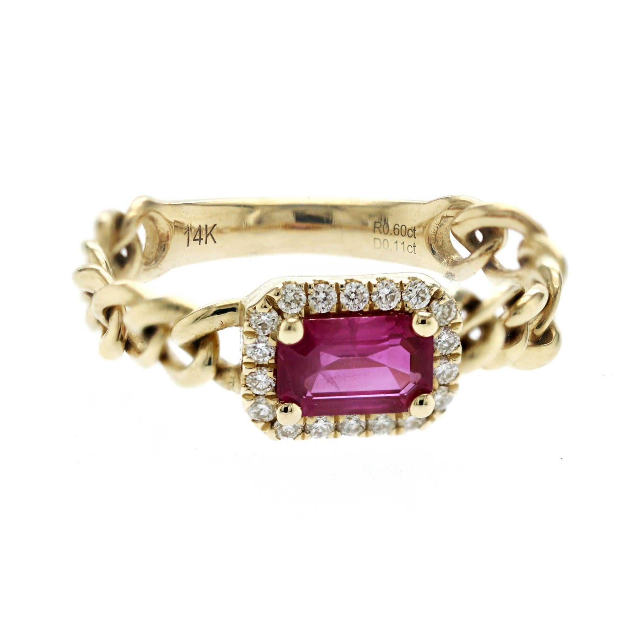 Round Cut 14K Yellow Gold 0.11 CT Diamond & 0.60 CT Runy Chain Ring Band Size 6 For Sale