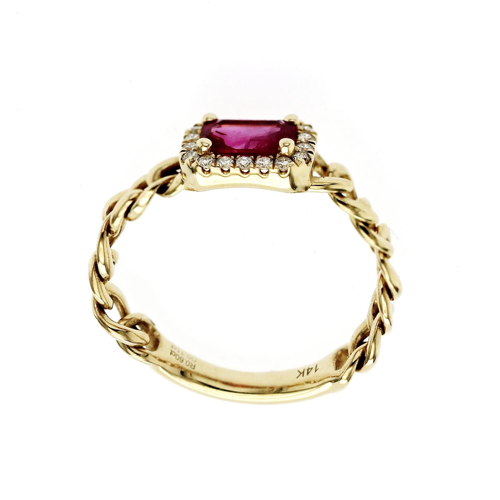 14K Yellow Gold 0.11 CT Diamond & 0.60 CT Runy Chain Ring Band Size 6 In Excellent Condition For Sale In Los Angeles, CA