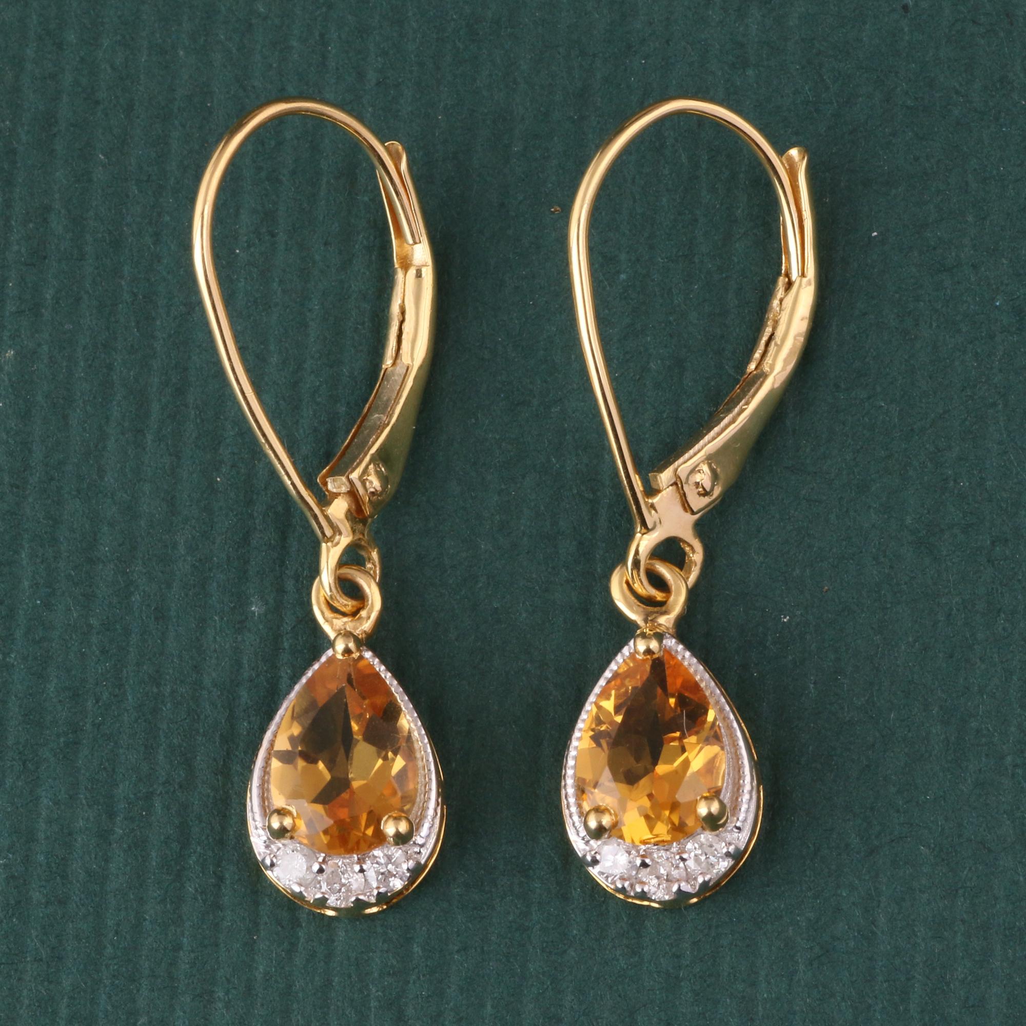 Modern 14K Yellow Gold 0.111 Ctw Diamond, 1.15 Ctw Natural Citrine Dangle Earrings For Sale