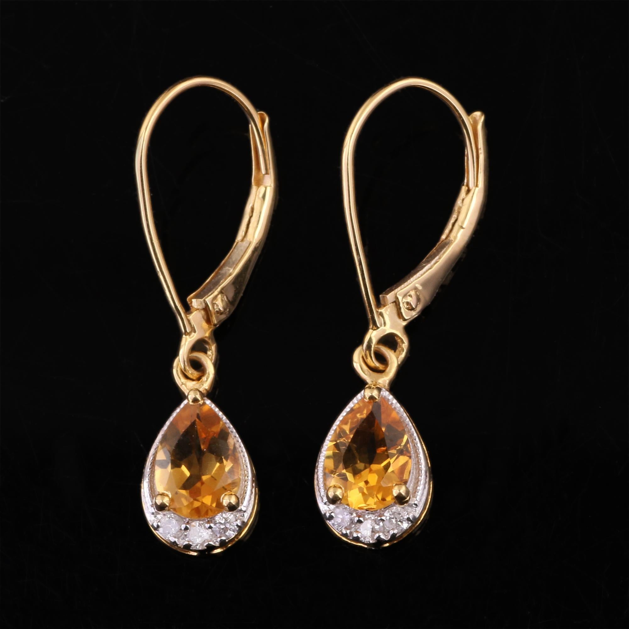 Brilliant Cut 14K Yellow Gold 0.111 Ctw Diamond, 1.15 Ctw Natural Citrine Dangle Earrings For Sale