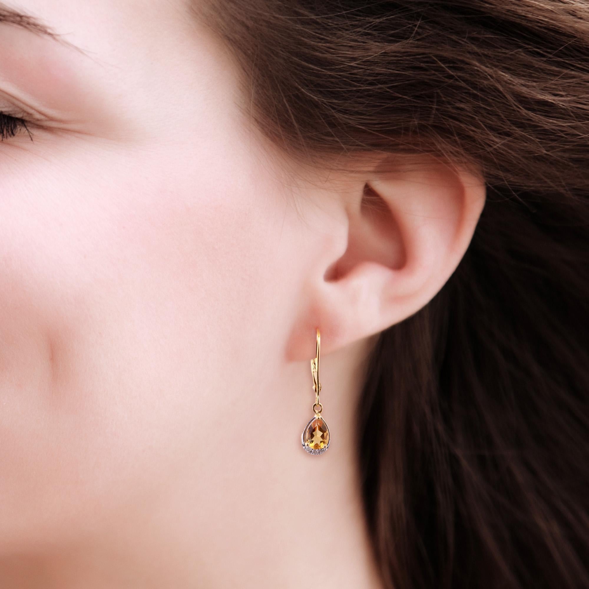 Women's 14K Yellow Gold 0.111 Ctw Diamond, 1.15 Ctw Natural Citrine Dangle Earrings For Sale