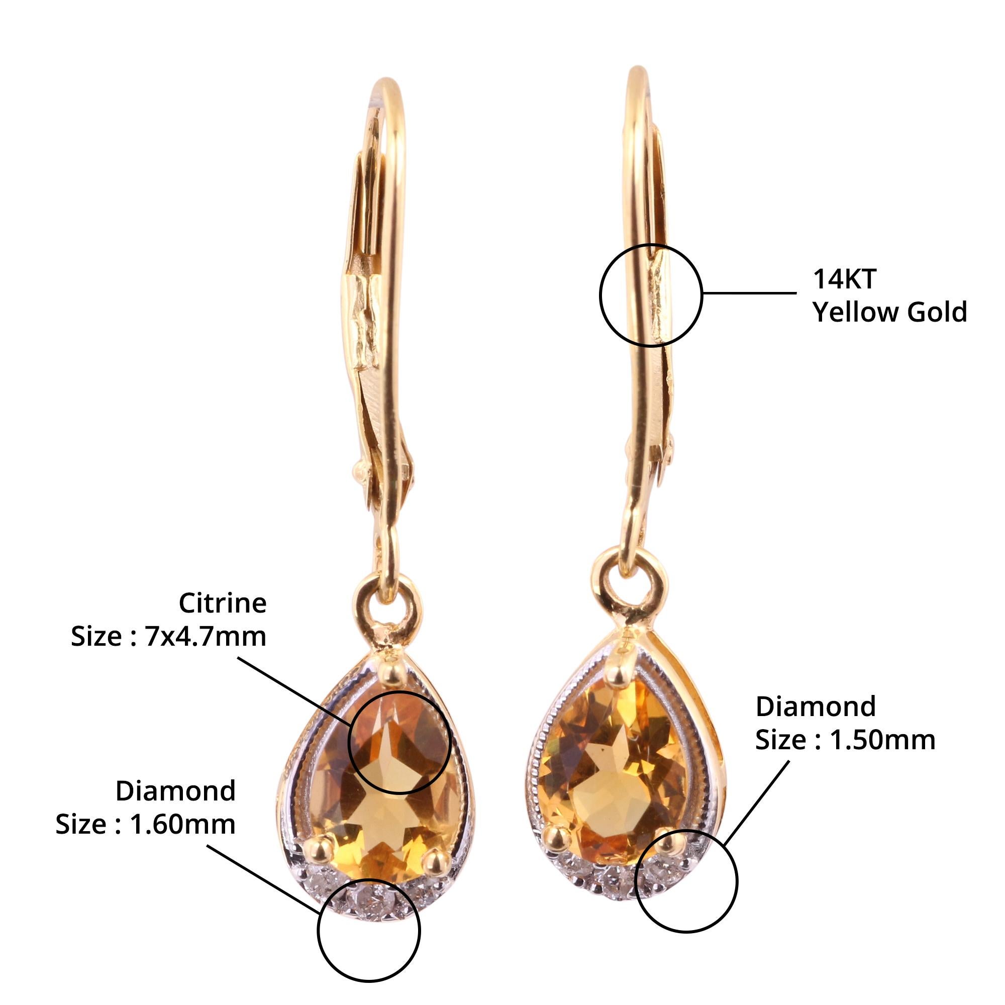 14K Yellow Gold 0.111 Ctw Diamond, 1.15 Ctw Natural Citrine Dangle Earrings For Sale 1