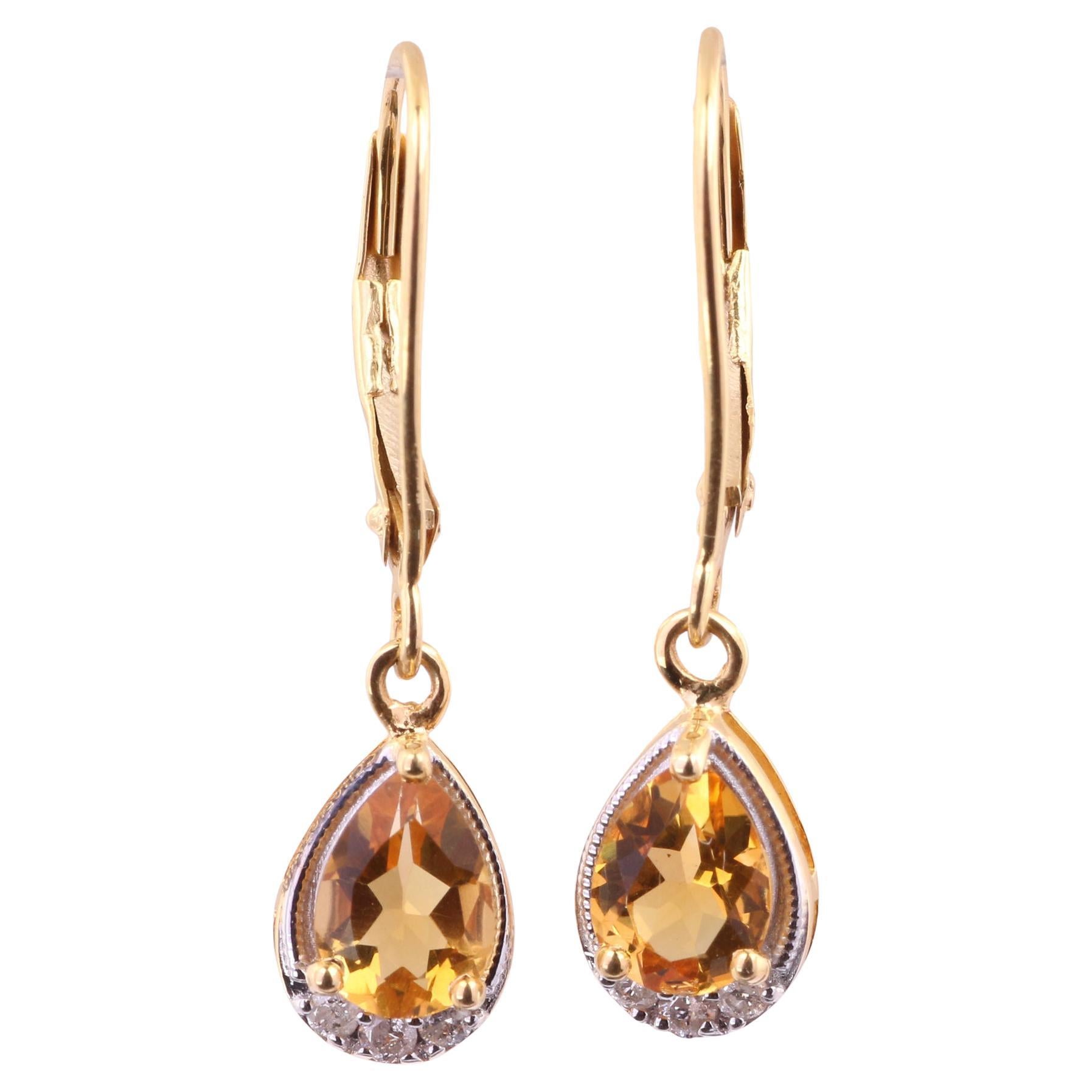 14K Yellow Gold 0.111 Ctw Diamond, 1.15 Ctw Natural Citrine Dangle Earrings For Sale