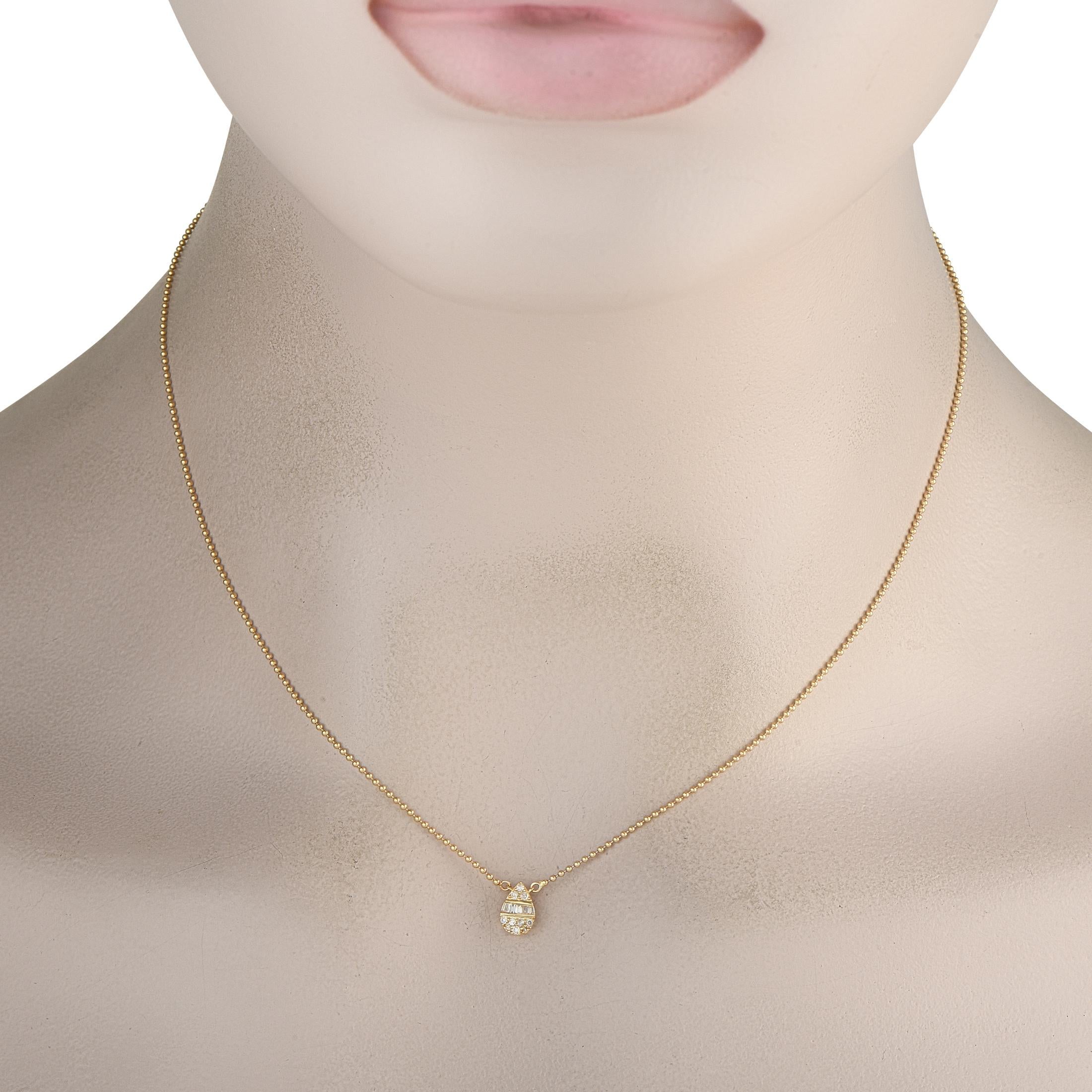 Add a touch of sparkle to any ensemble by adding this subtle, sophisticated necklace. A pear-shaped pendant measuring 0.28 long by 0.25 wide is suspended at the center of a 16 ball chain. Diamonds with a total weight of 0.11 carats provide the
