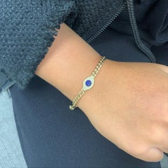 14K Yellow Gold 0.12 Carat Diamond Sapphire Evil Eye Curb Link Chain Bracelet