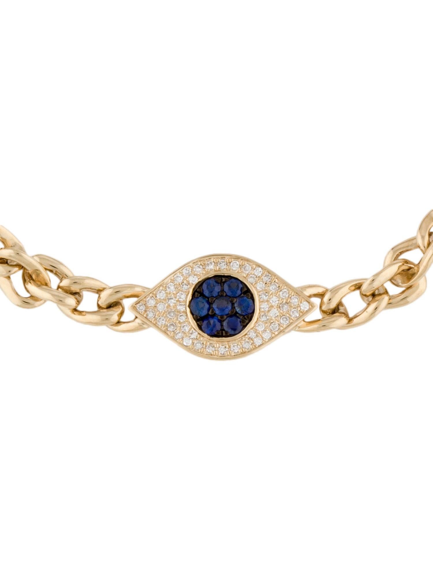 Contemporary 14K Yellow Gold 0.12 Carat Diamond Sapphire Evil Eye Curb Link Chain Bracelet For Sale