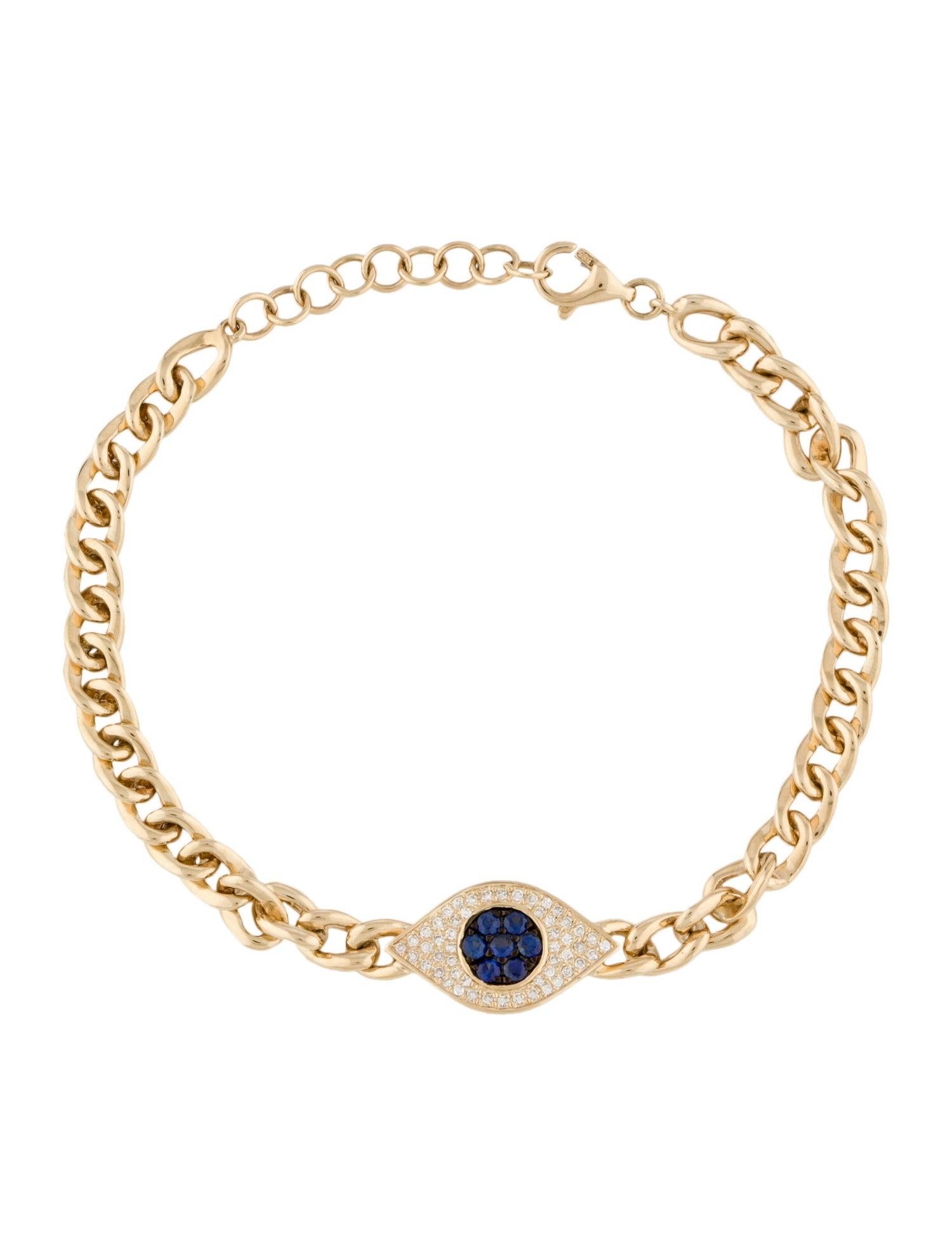 Round Cut 14K Yellow Gold 0.12 Carat Diamond Sapphire Evil Eye Curb Link Chain Bracelet For Sale