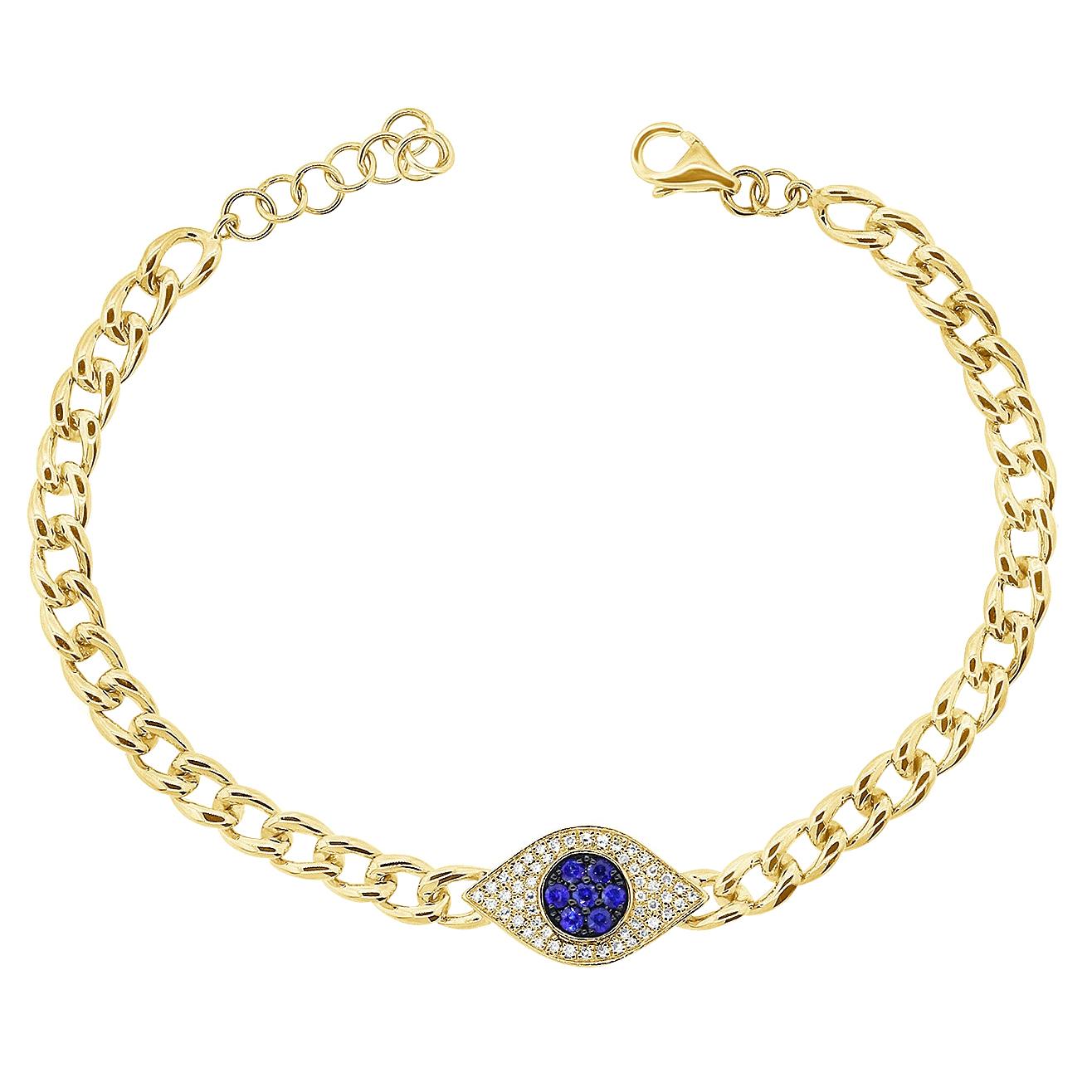 14K Yellow Gold 0.12 Carat Diamond Sapphire Evil Eye Curb Link Chain Bracelet For Sale