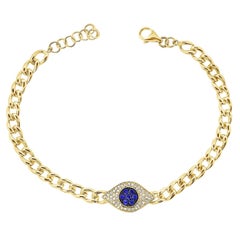 14K Yellow Gold 0.12 Carat Diamond Sapphire Evil Eye Curb Link Chain Bracelet
