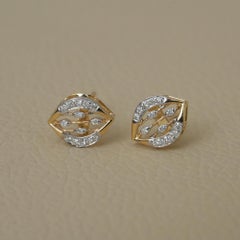 14K Yellow Gold 0.13 CT Natural Diamond Open Navette Lattice Stud Earrings
