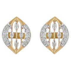 14K Yellow Gold 0.13 CT Natural Diamond Open Navette Lattice Stud Earrings