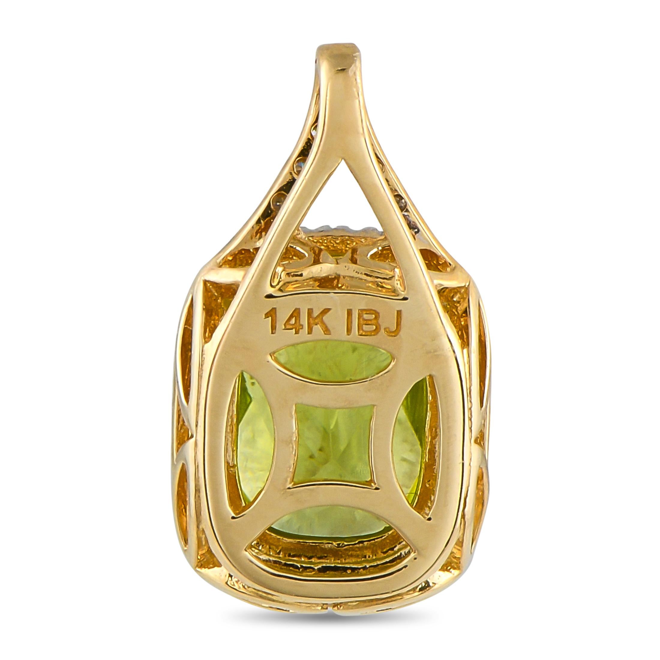 This pendant will instantly add a touch of luxury to any ensemble. Crafted from 14K Yellow Gold, it features a stunning Peridot gemstone surrounded by a halo of Diamonds with a total weight of 0.13 carats. It measures 0.75 long by 0.40 wide.This