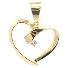 14k Yellow Gold 0.13ct Round Diamond Large Polished Open Heart Pendant
