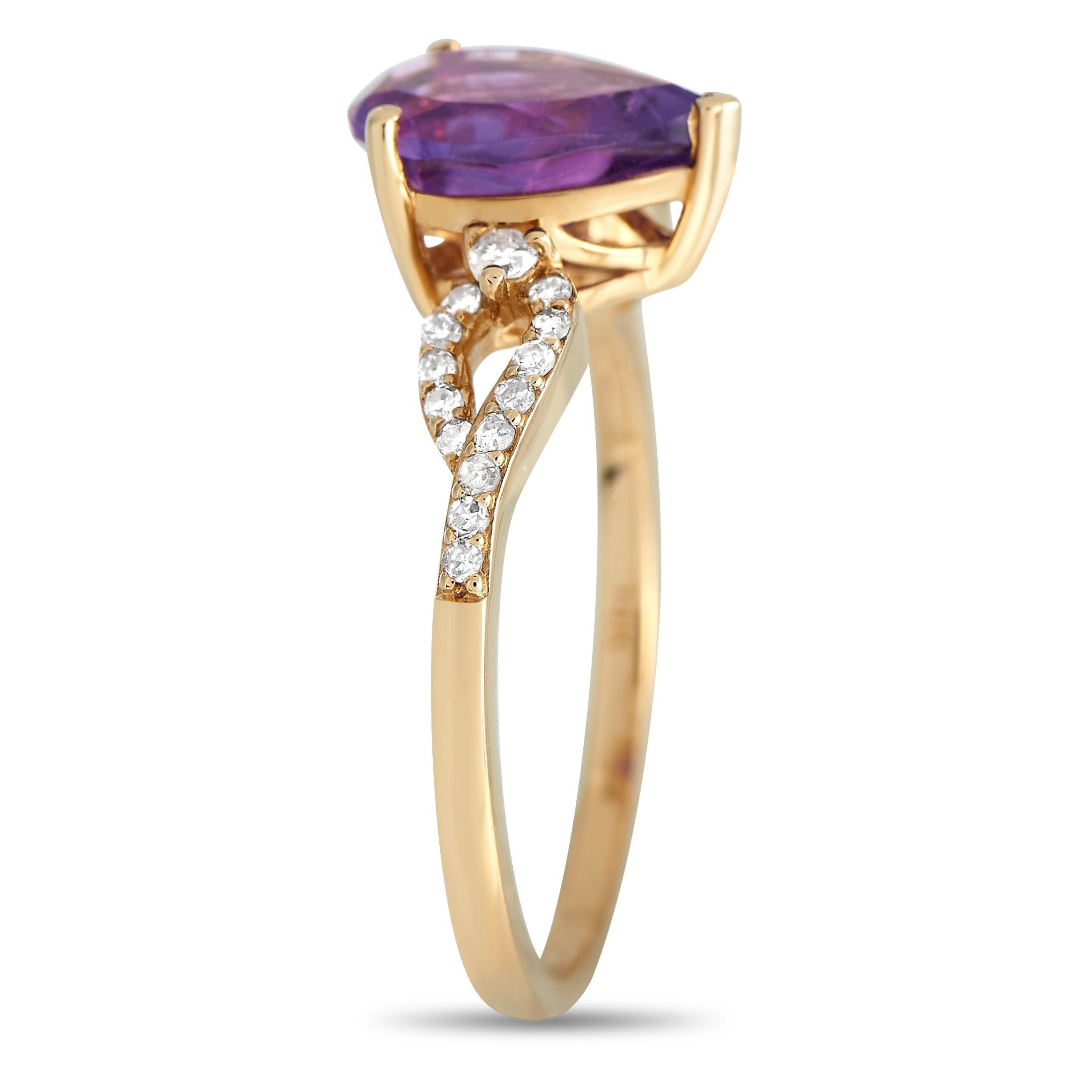 An opulent 14K Yellow Gold setting beautifully highlights a stunning Amethyst center stone and Diamond accents totaling 0.15 carats on this exquisite ring. Simple and stylish, this piece features a 2mm wide band and a top height measuring 6mm.This