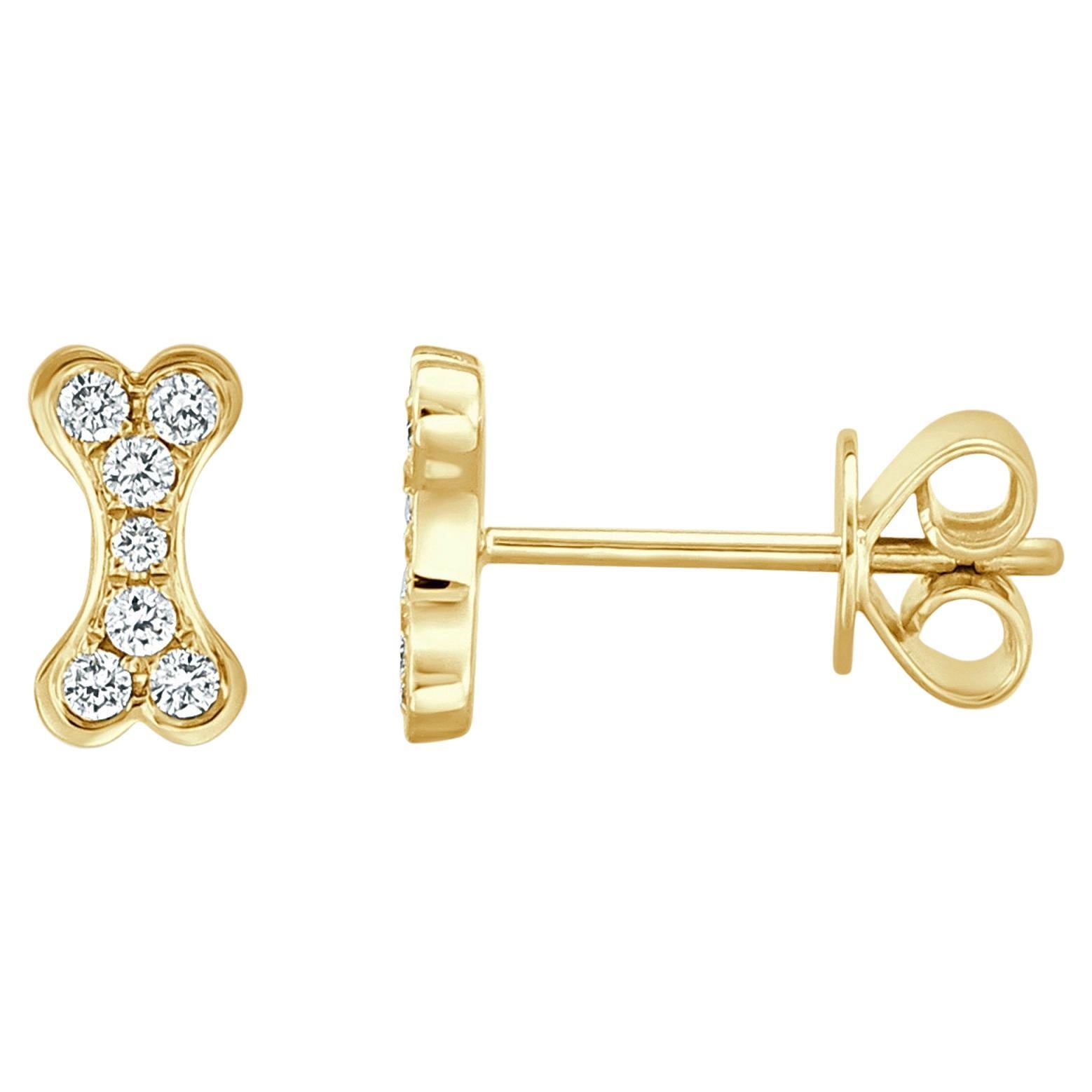 14K Yellow Gold 0.15ct Diamond Dog Bone Earrings for Her For Sale