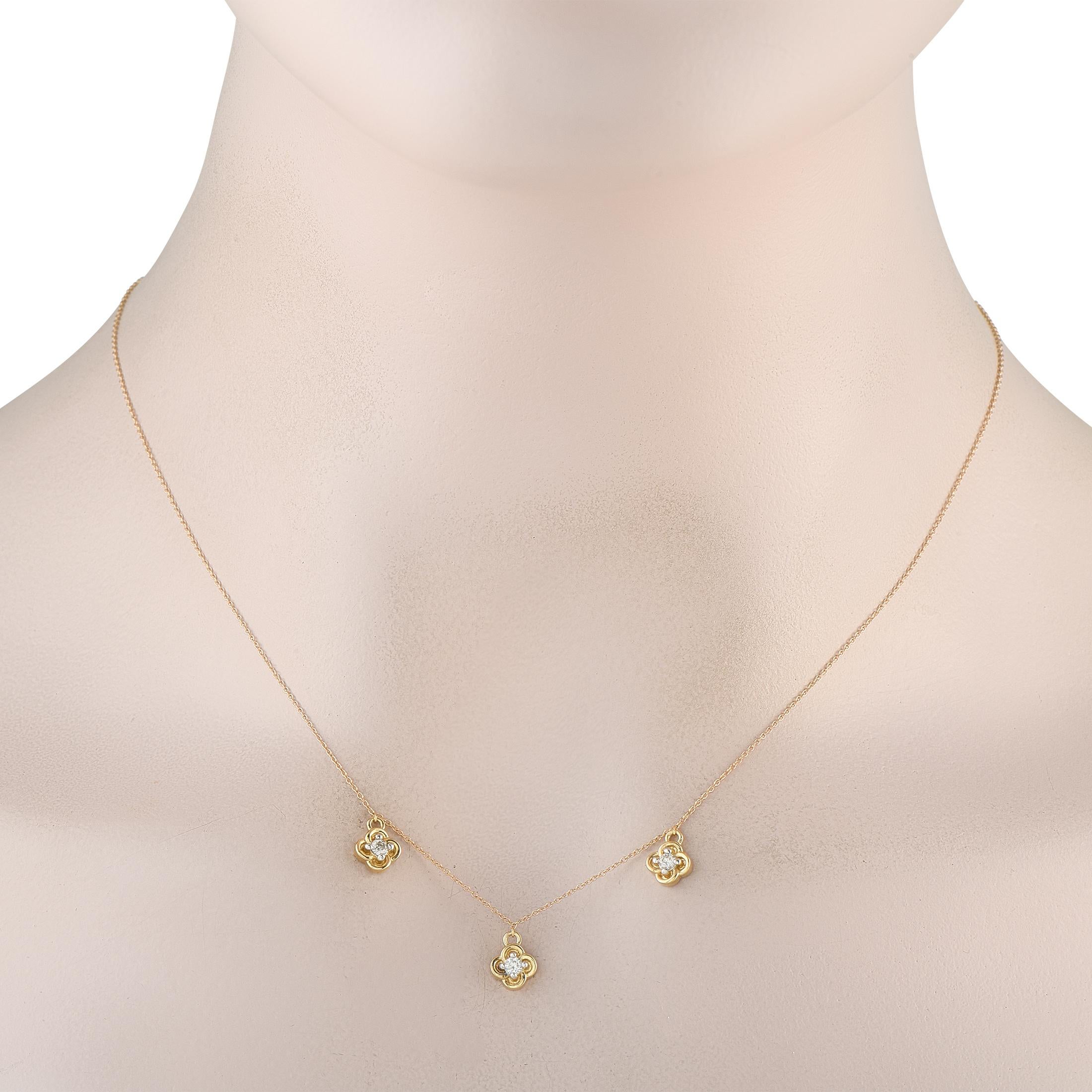 A simple, sophisticated design makes this 14K Yellow Gold necklace an elegant accessory that will complement any ensemble. Suspended from a delicate 18 chain, a trio of quatrefoil pendants catch the light thanks to Diamond accents totaling 0.15