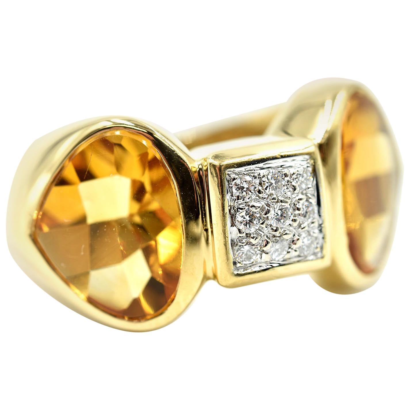 14k Yellow Gold 0.15cttw Round Diamond & Citrine Fashion Ring Signed “Antonili"