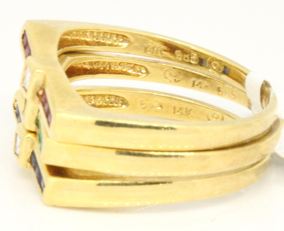 Women's or Men's 14 Karat Yellow Gold 0.16 Carat Multi-Gem with Diamonds Three Ring Set For Sale