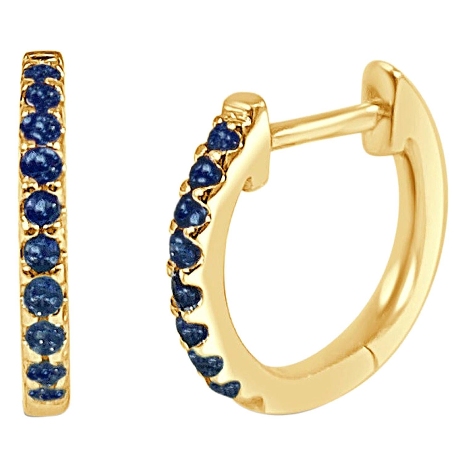 14K Yellow Gold 0.18 Carat Blue Sapphire Huggie Hoop Earrings For Sale
