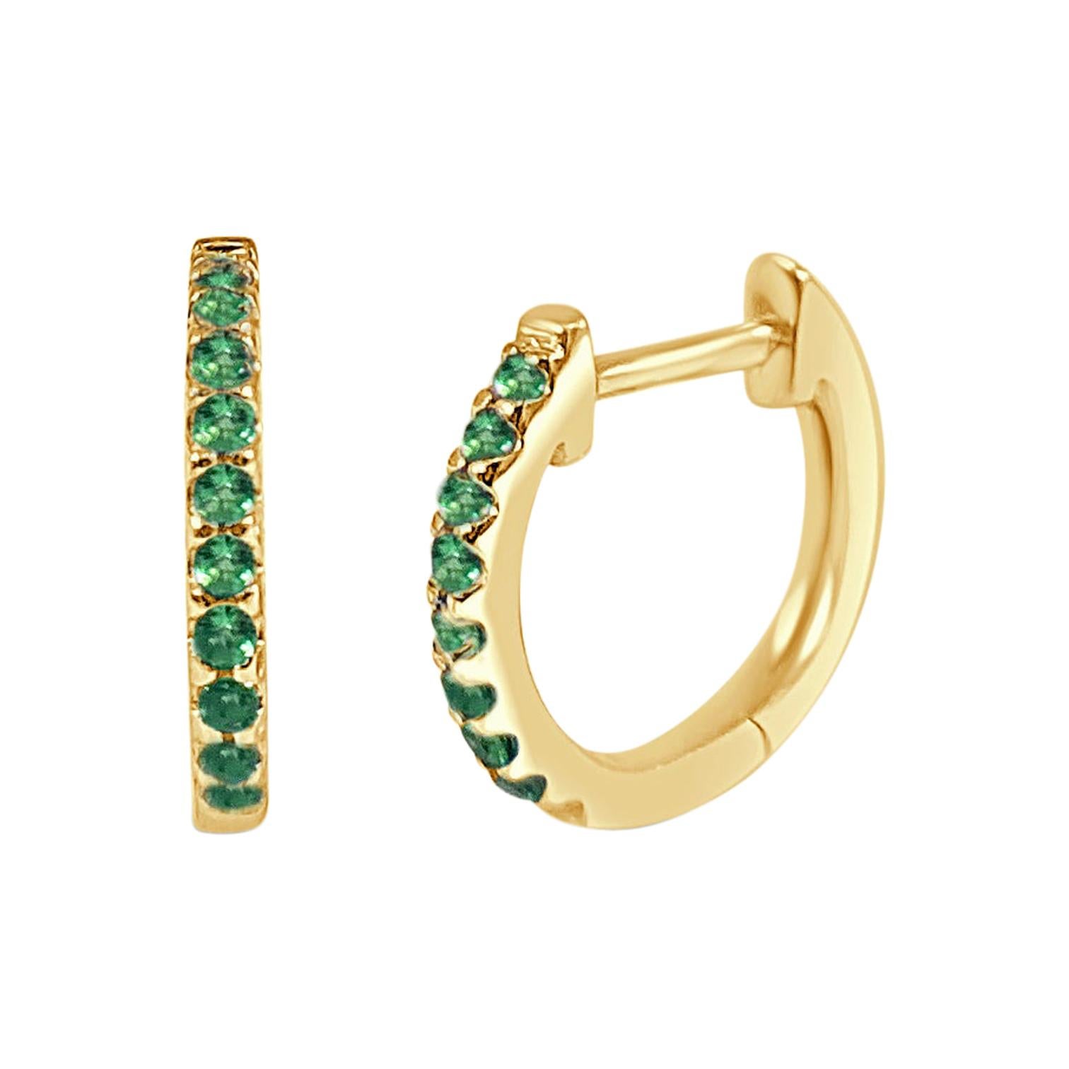 14K Yellow Gold 0.18 Carat Green Emerald Huggie Earrings