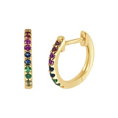 Boucles d'oreilles huggies en or jaune 14 carats avec saphirs arc-en-ciel de 0,18 carat