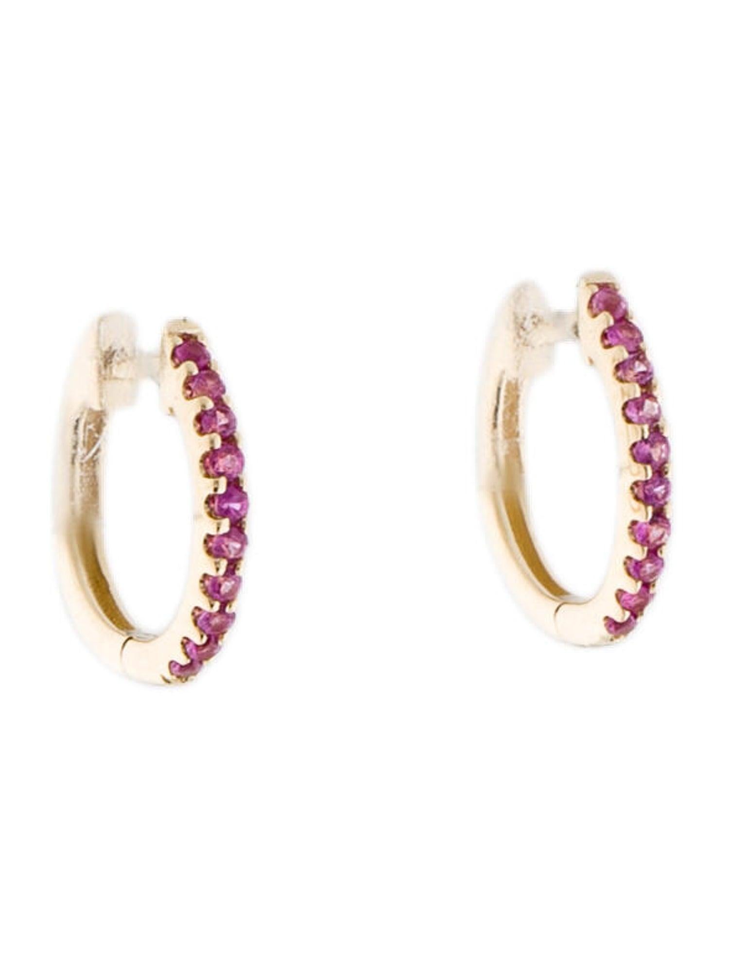 Round Cut 14K Yellow Gold 0.18 Carat Red Ruby Huggie Earrings For Sale