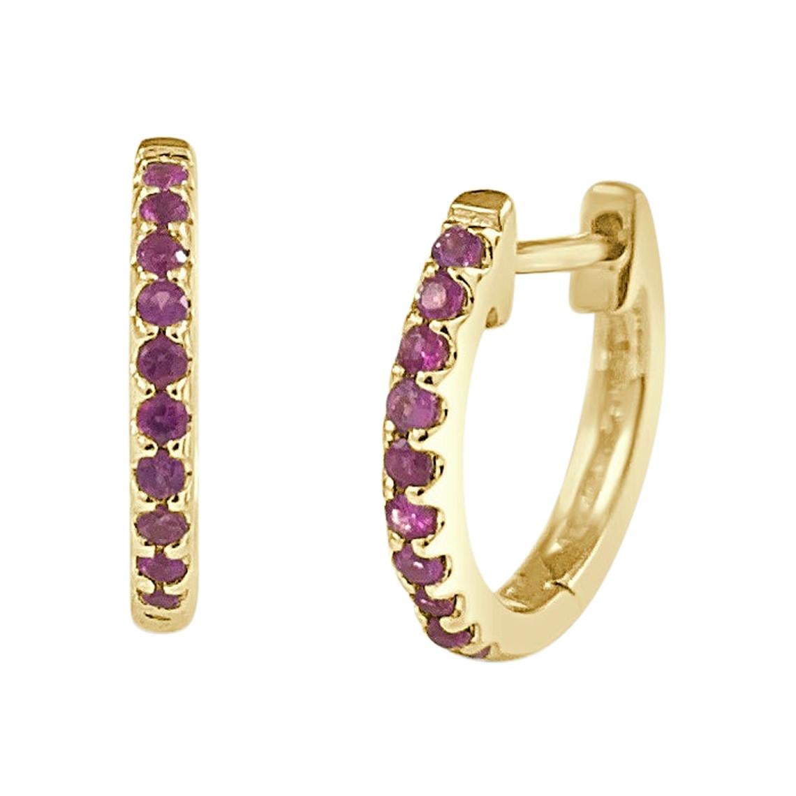 14K Yellow Gold 0.18 Carat Red Ruby Huggie Earrings For Sale