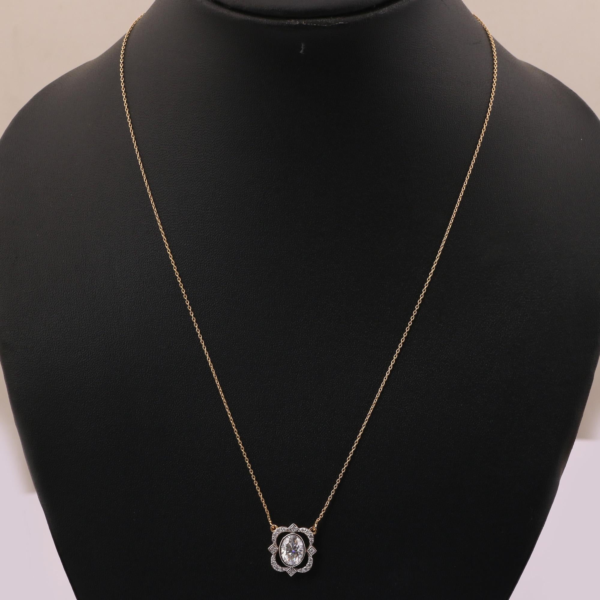 14K Yellow Gold 0.187 Ctw Natural Diamond, 1.30 Ctw Moissanite Charm Necklaces In New Condition For Sale In Jaipur, RJ