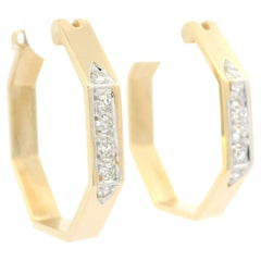 14k Yellow Gold 0.18ctw Diamond Geometric Medium Hoop Pair Of Earrings