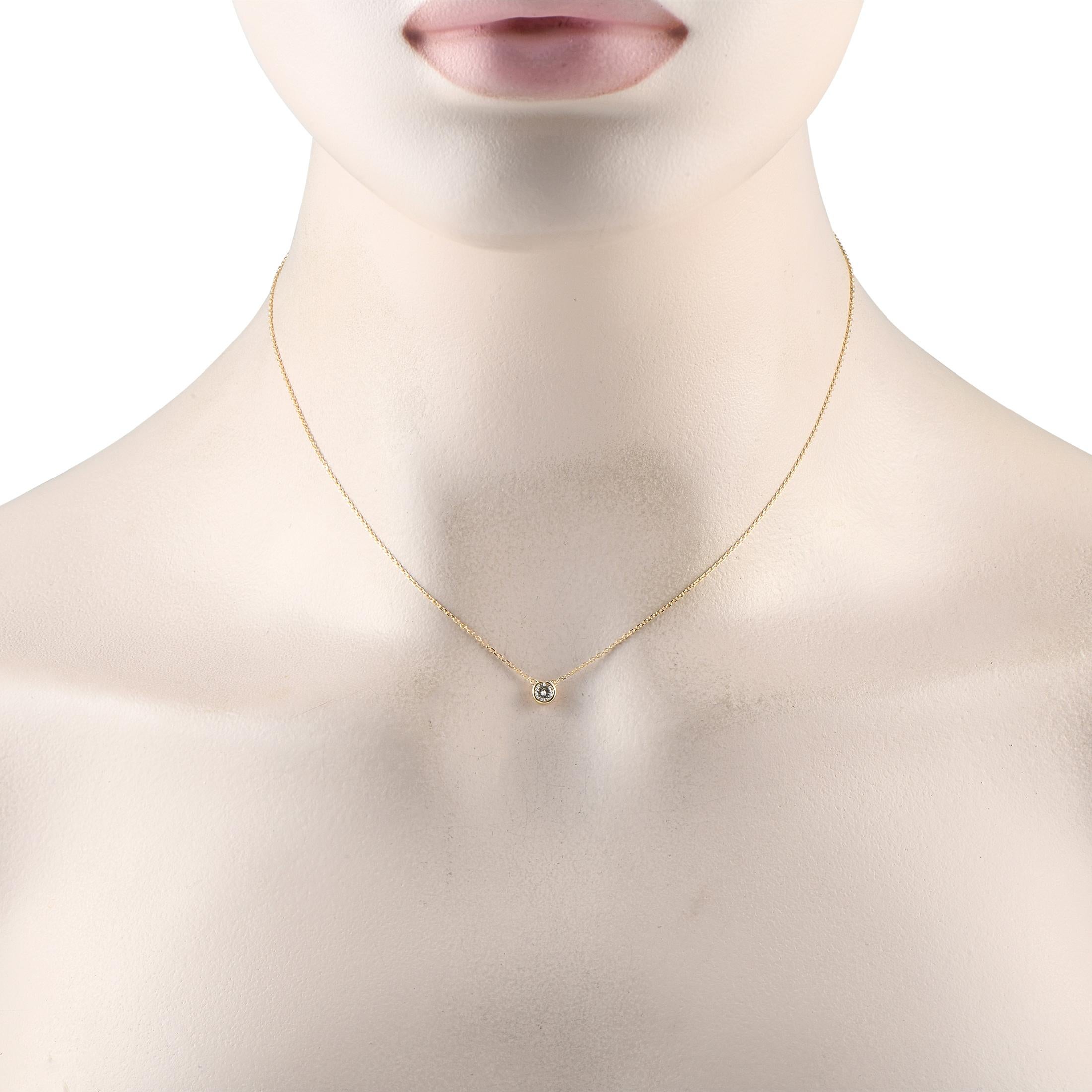 This exquisite 14K Yellow Gold necklace will never go out of style. Ideal for everyday wear, it features a bezel set 0.20 carat Diamond solitaire suspended at the center of a 16 chain. Secure lobster clasp closure provides the perfect finishing
