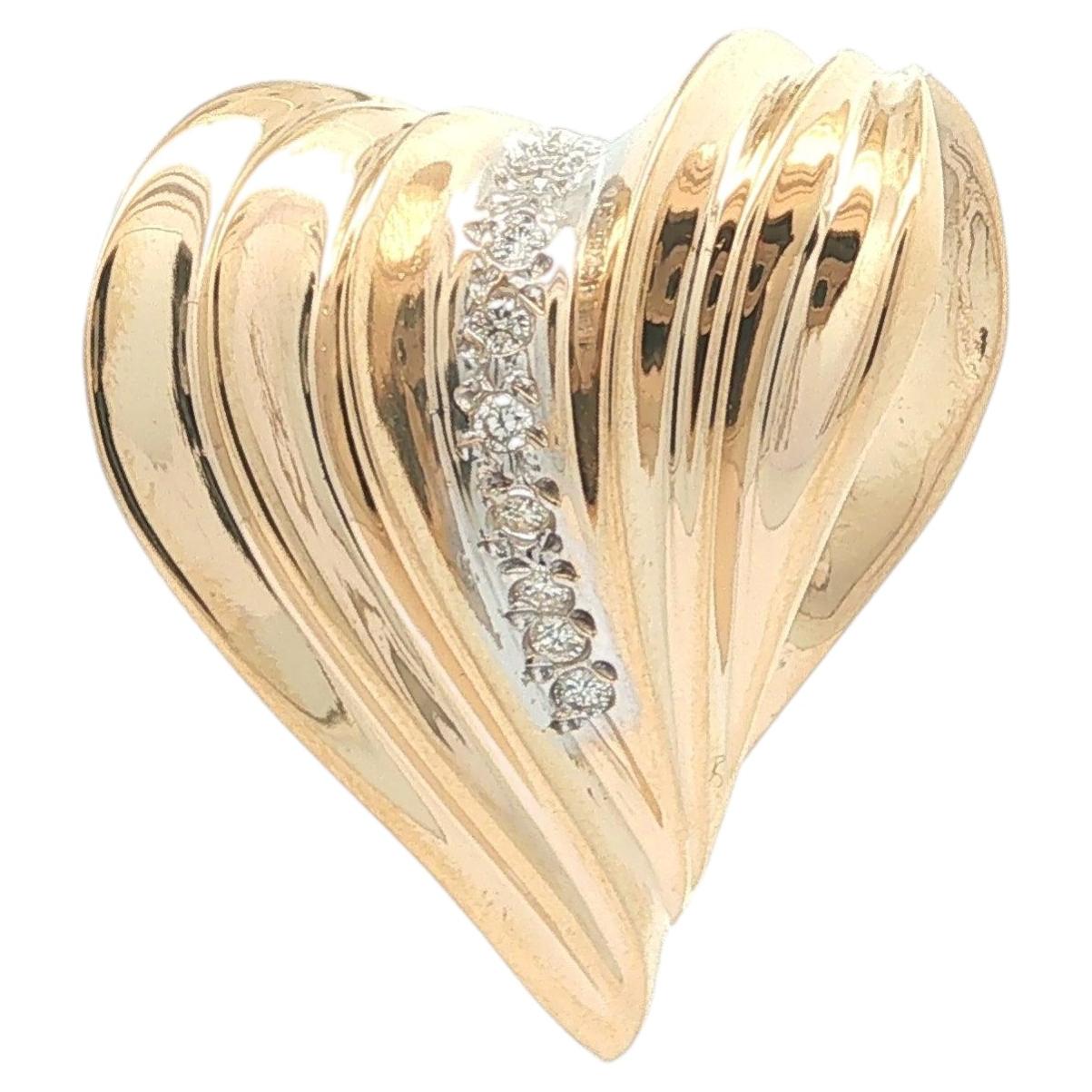14k Yellow Gold 0.20ctw Diamond Large Grooved Ribbed Slide Heart Pendant