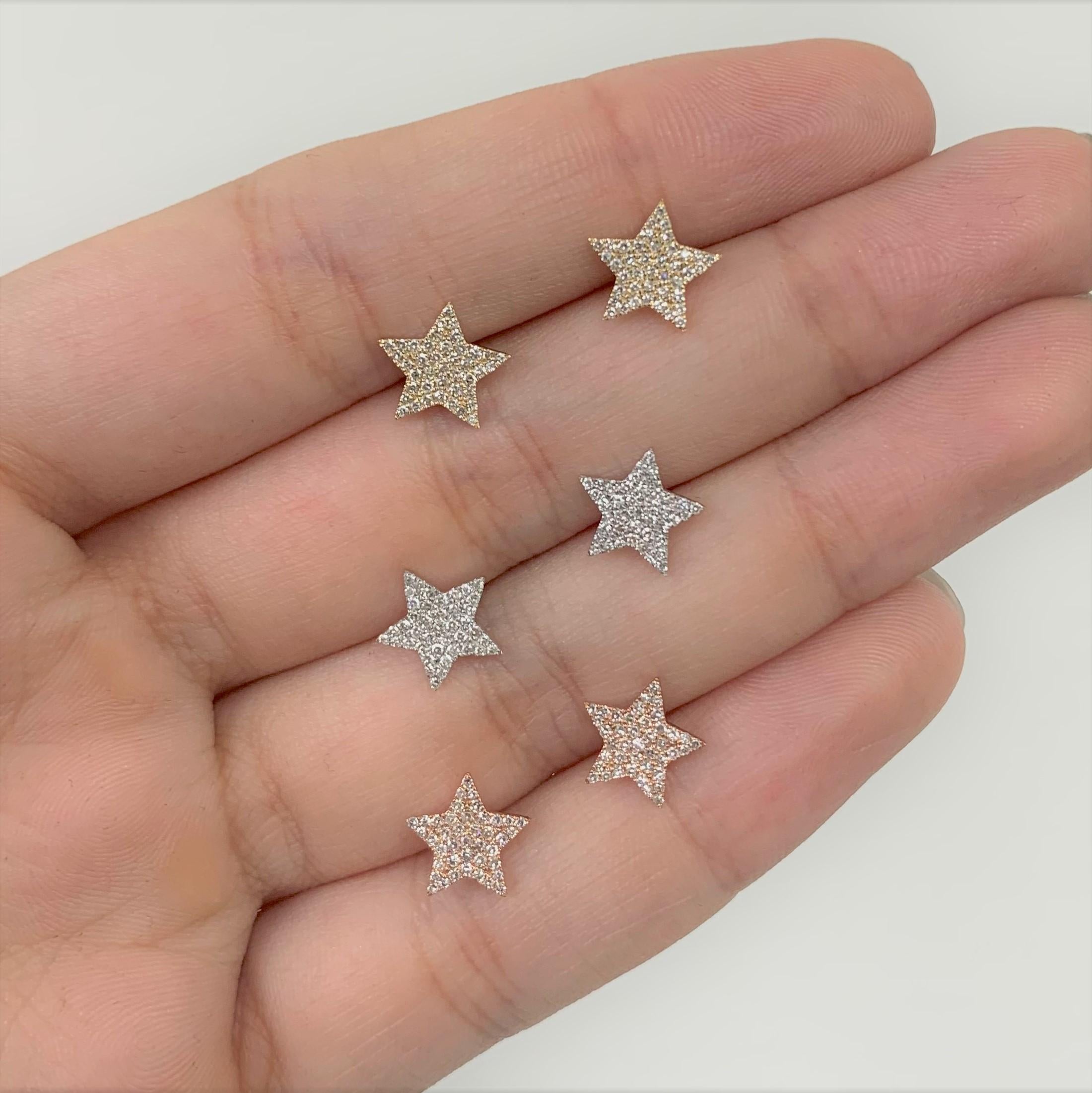 These star-shaped 14k Gold earrings feature approximately 0.21ct of sparkling white diamonds in pave settings and a high polish finish. Butterfly push-backs secure these 14-karat white, yellow or rose gold studs. Diamond color and Clarity GH SI1-SI2