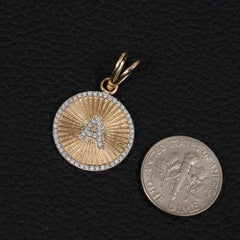 14K Yellow Gold 0.24 Ct Diamond Initial A Medallion Pendant Sunburst Halo Disc