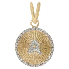 14K Yellow Gold 0.24 Ct Diamond Initial A Medallion Pendant Sunburst Halo Disc