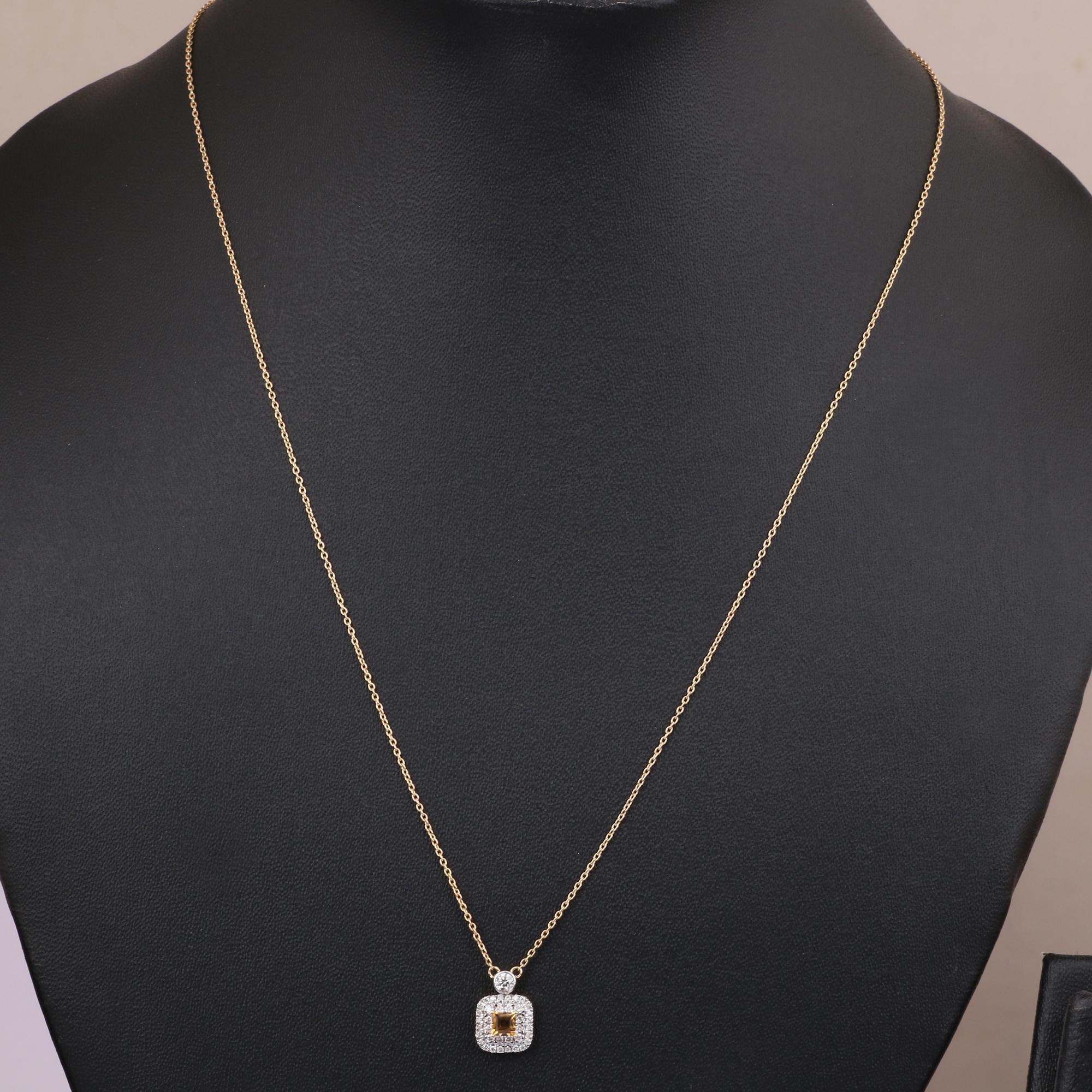 14K Yellow Gold 0.247 Ctw Natural Diamond, 0.232 Ctw Citrine Charm Necklaces In New Condition For Sale In Jaipur, RJ