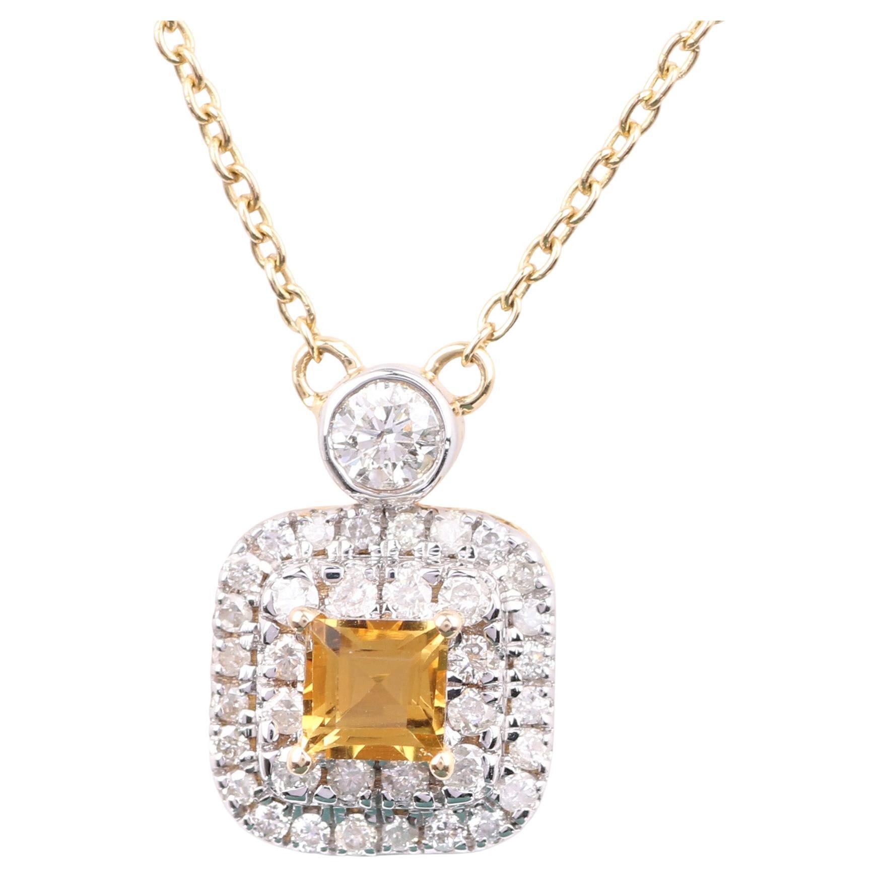 14K Yellow Gold 0.247 Ctw Natural Diamond, 0.232 Ctw Citrine Charm Necklaces For Sale