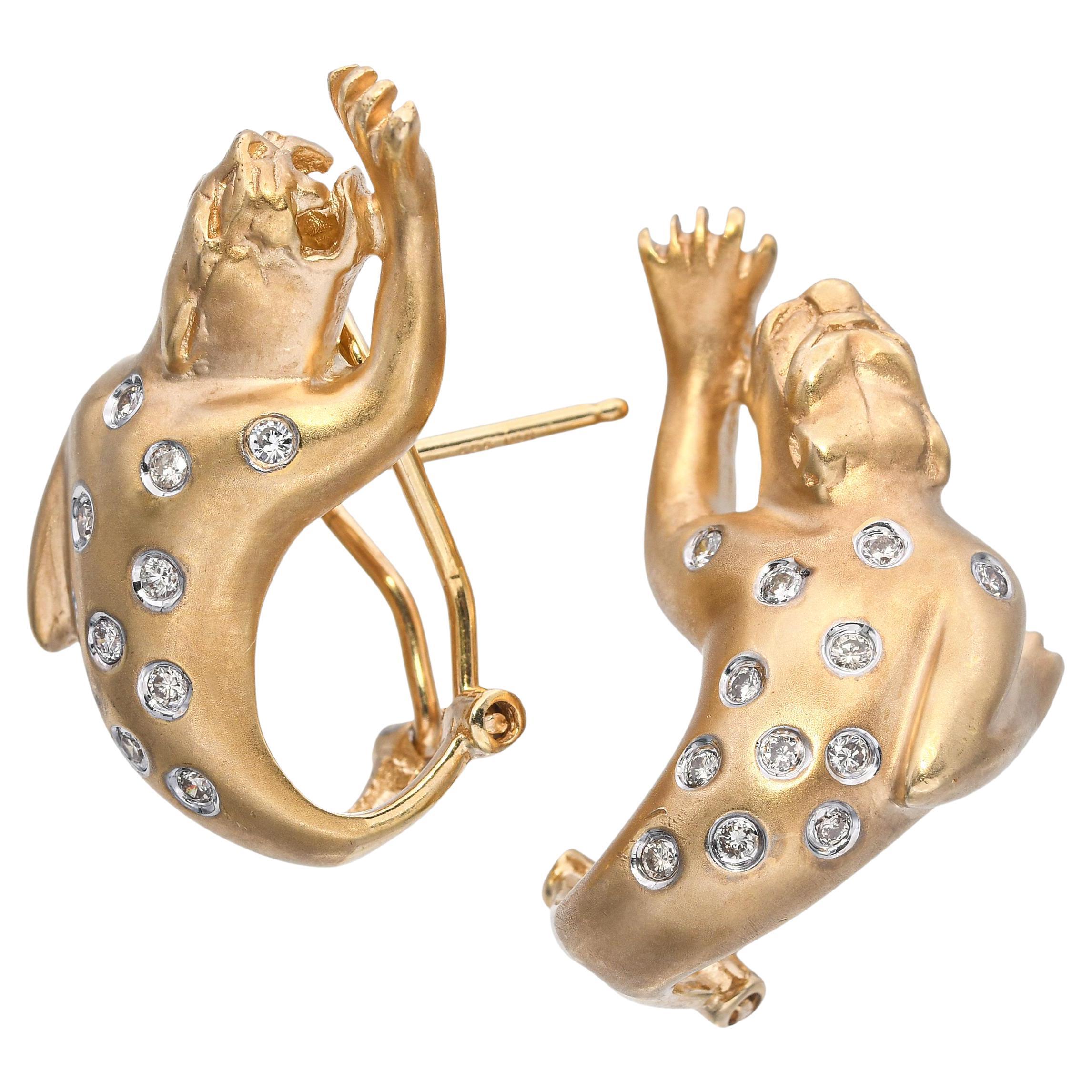 14k Yellow Gold 0.24tcw Diamond Leopard Omega Back Earrings For Sale