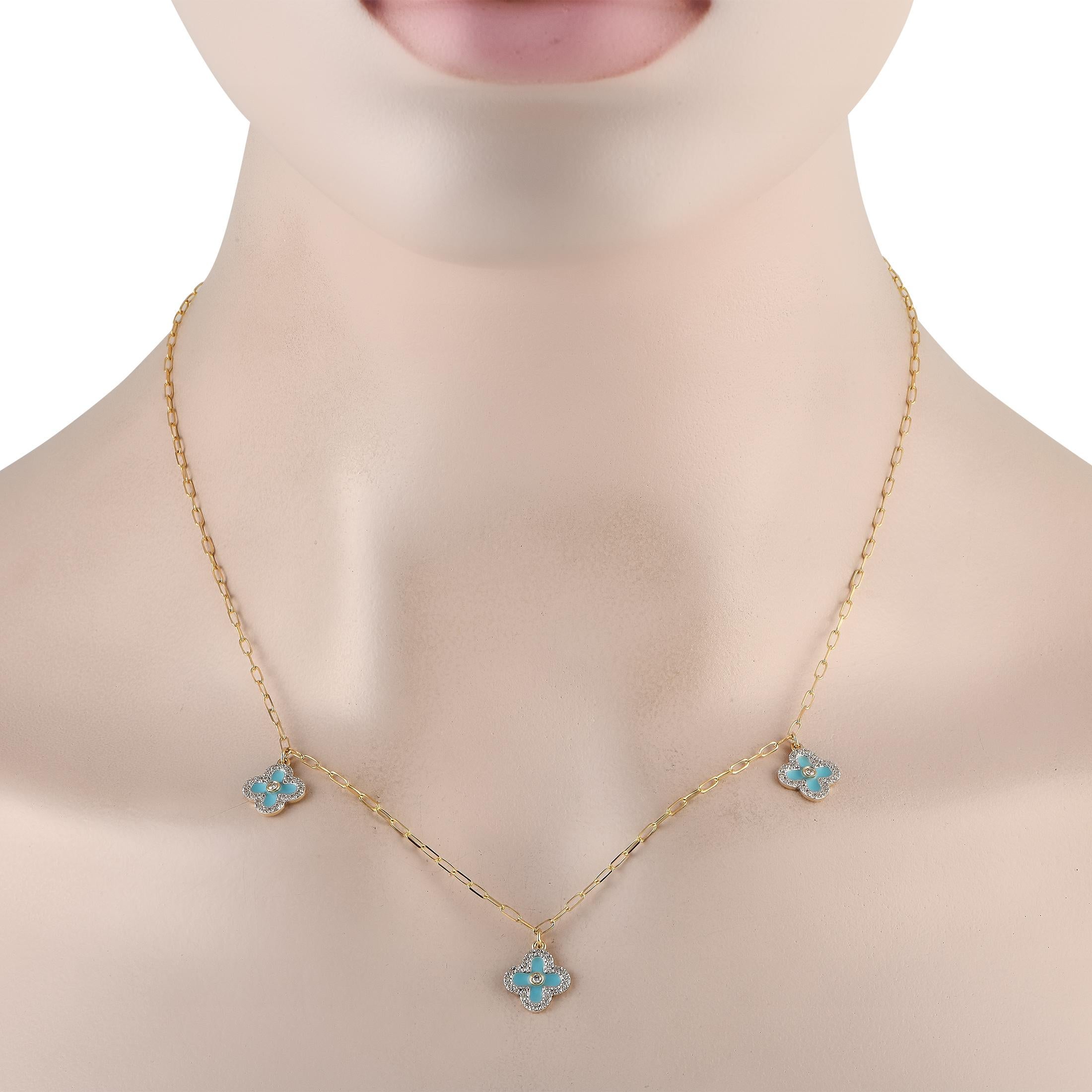 This luxury necklace is instantly captivating. Suspended from a chic 18 paperclip chain, a trio of blue clover-shaped pendants measuring 0.45 round add a pop of color to this unforgettable accessory. This necklace is crafted from opulent 14K Yellow