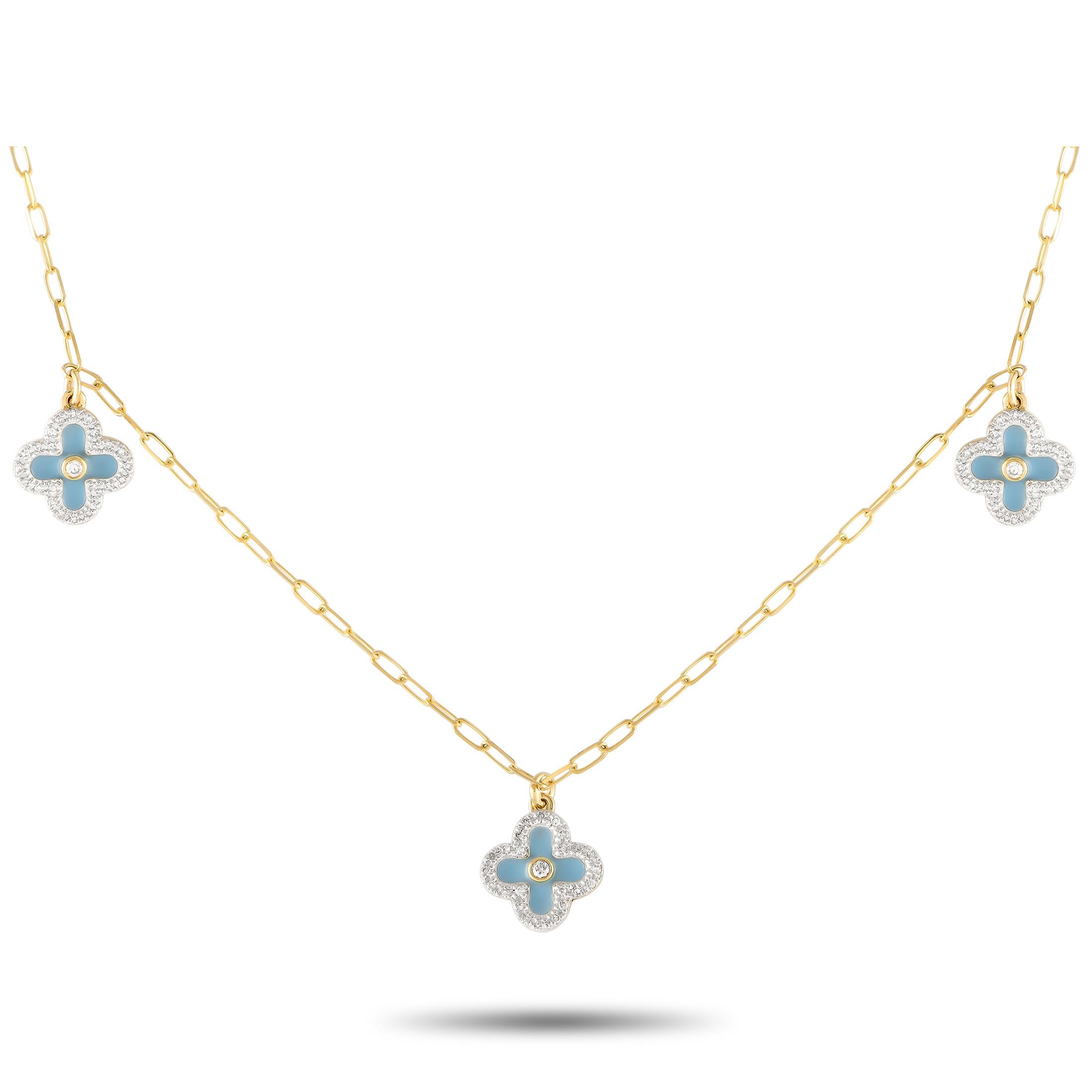 14K Yellow Gold 0.25ct Diamond and Blue Enamel Three Flower Necklace NK01431 In New Condition For Sale In Southampton, PA