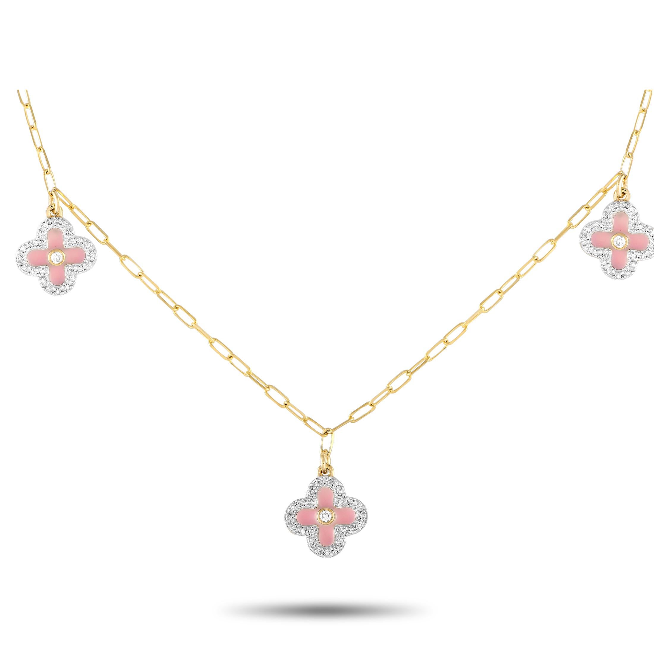 14K Yellow Gold 0.25ct Diamond and Pink Enamel Three Flower Necklace NK01431 In New Condition In Southampton, PA