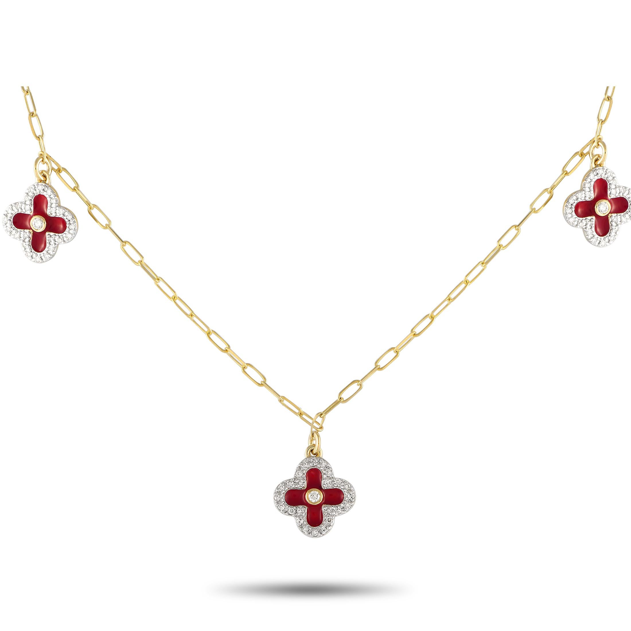 14K Yellow Gold 0.25ct Diamond and Red Enamel Three Flower Necklace NK01431 In New Condition For Sale In Southampton, PA