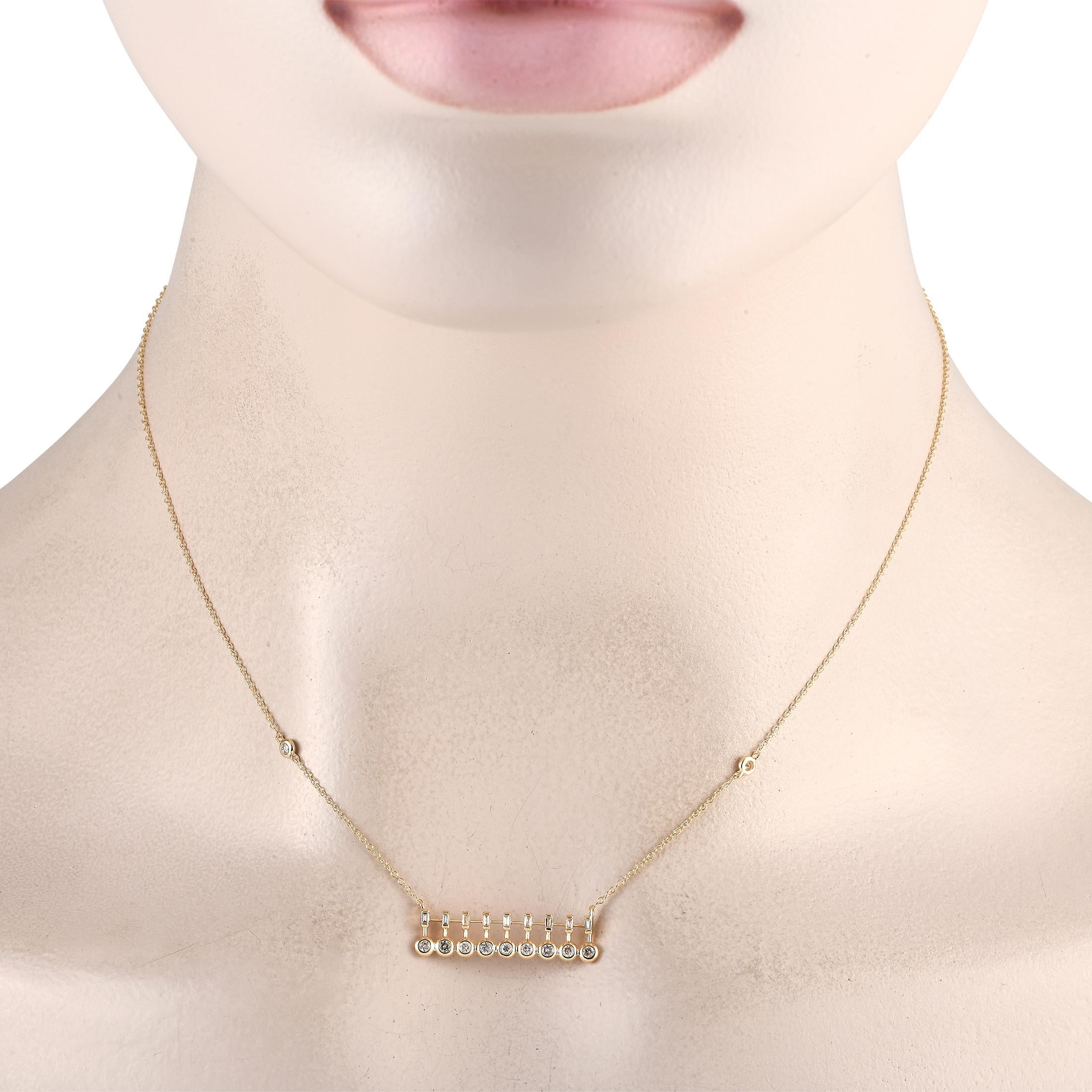 A glittering jewel you can effortlessly take from office to dinner. This trendy piece features a 15 long chain with two bezel-set round diamond stations and a lobster clasp. It holds a horizontal pendant with a stylized pattern of round and step-cut