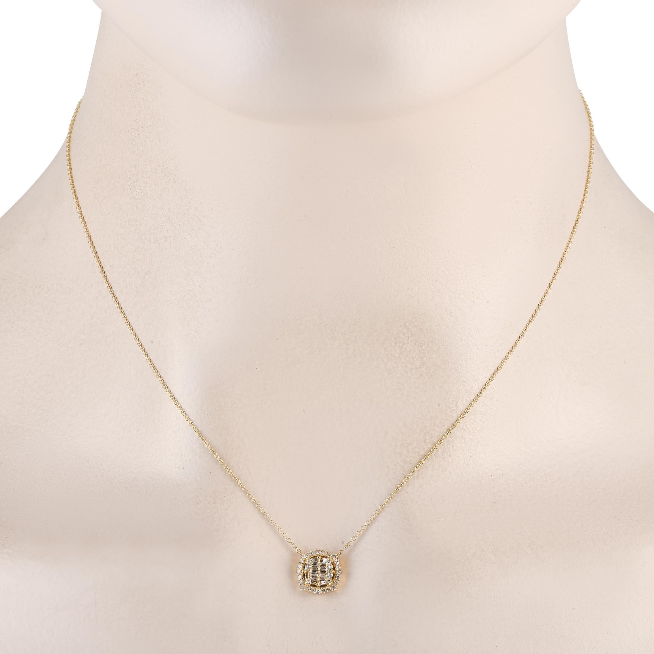 Keep your accessorizing game on point with this 14K yellow gold diamond necklace. It features a cluster of baguette diamonds surrounded by an octagonal frame of round diamonds. The precious stones with icy sparkle are set on shared prongs. The