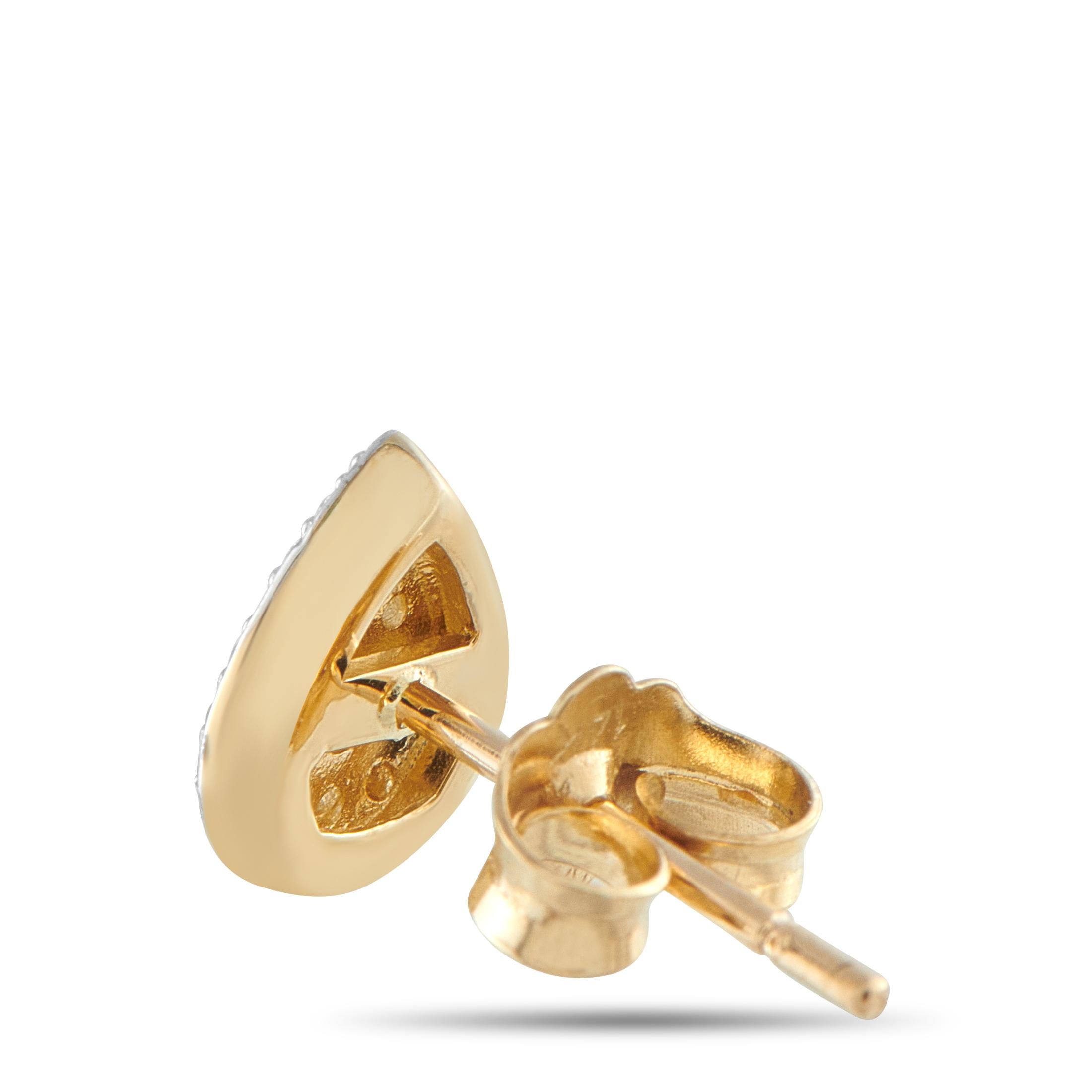 Clean lines meet understated sparkle in these 14K yellow gold pear-shaped studs. The center features a combination of baguette and round diamonds in a clustered form, framed by a precise outline of smaller diamonds. The earrings are finished with