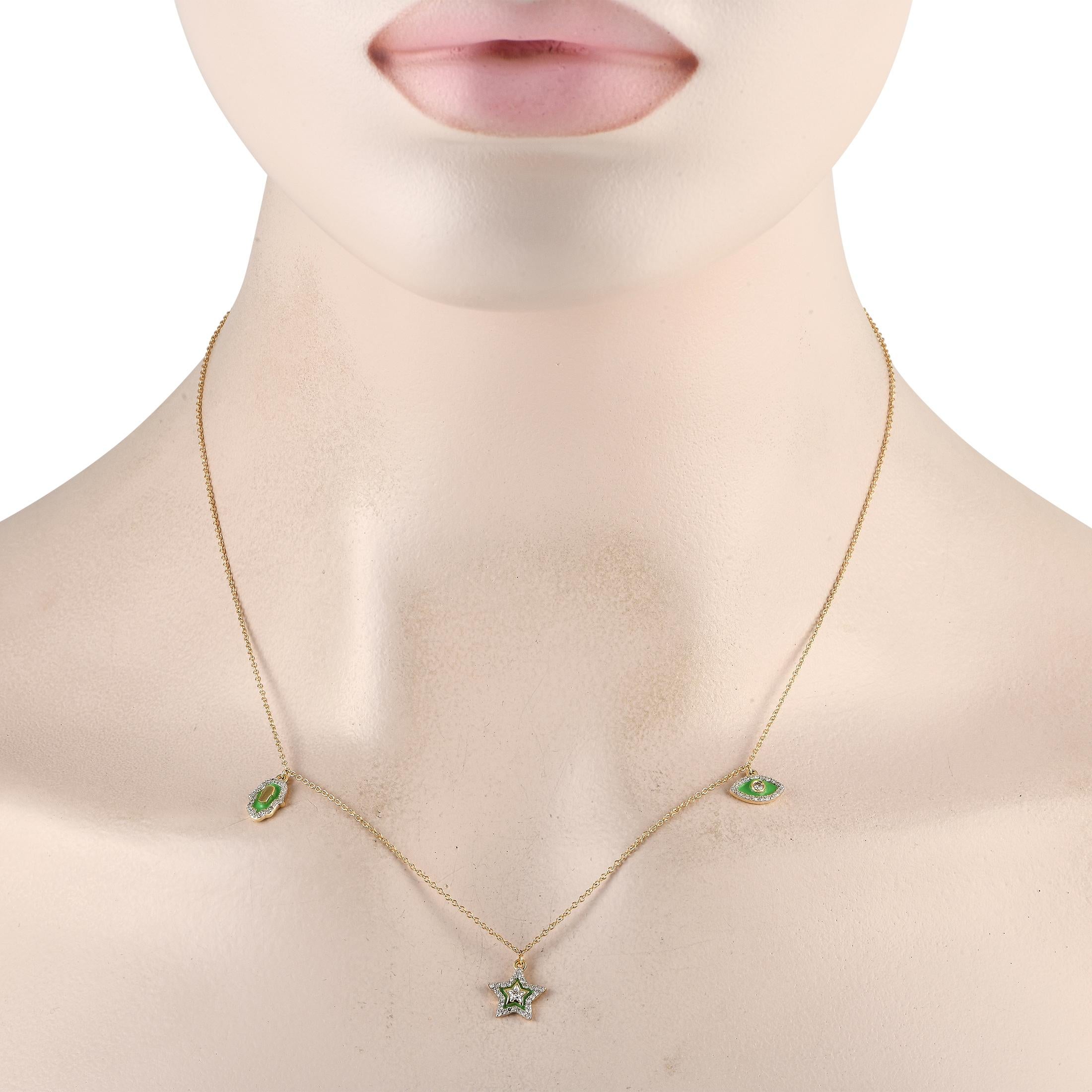 A series of spiritual symbols ensure this captivating necklace will always bring good luck your way. Green accents elevate the trio of pendants, while sparkling Diamonds with a total weight of 0.25 carats add a touch of luxury. This piece is crafted