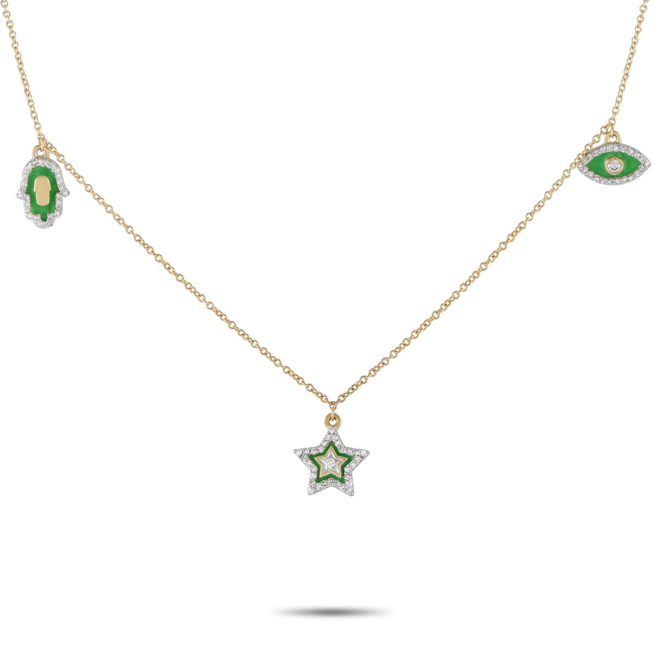 14K Yellow Gold 0.25ct Diamond Hamsa, Evil Eye, and Star Green Enamel Necklace In New Condition For Sale In Southampton, PA